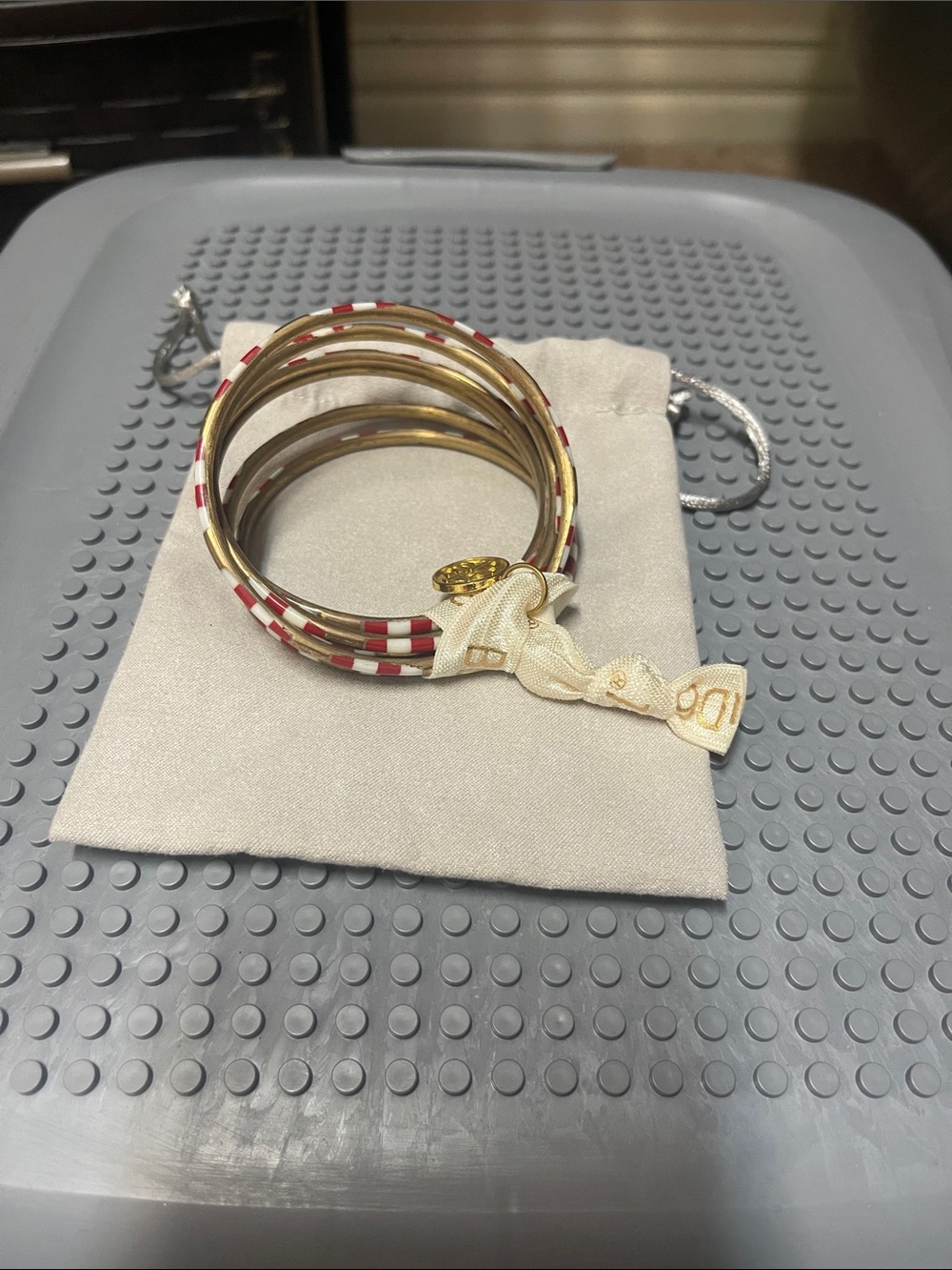 Gold Stackable Bangle Bracelet Set with Red and White Accents